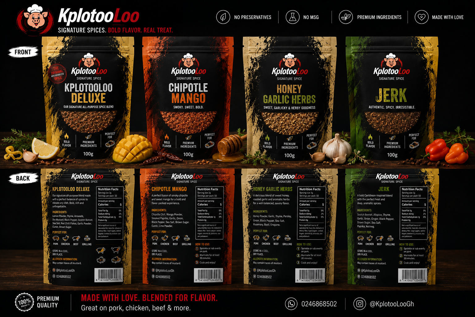 KplotooLoo signature spice lineup — Deluxe, Chipotle Mango, Honey Garlic Herbs, Jerk